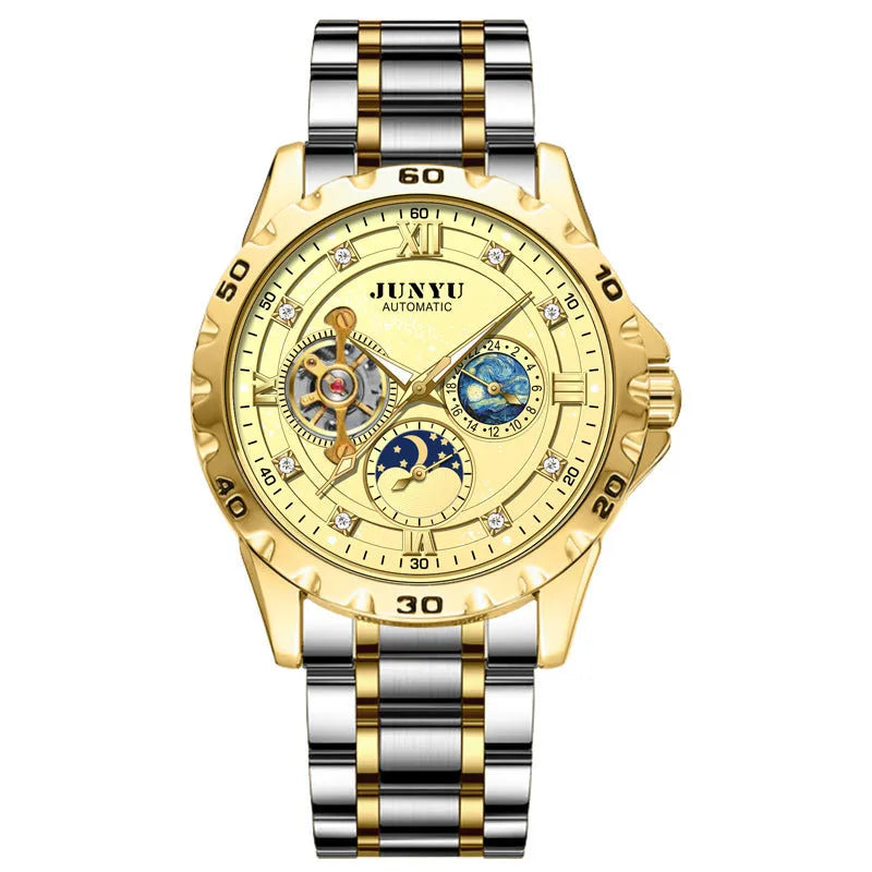 Men's automatic mechanical watch with luminous hands and waterproof case in gold, rose gold, or silver options
