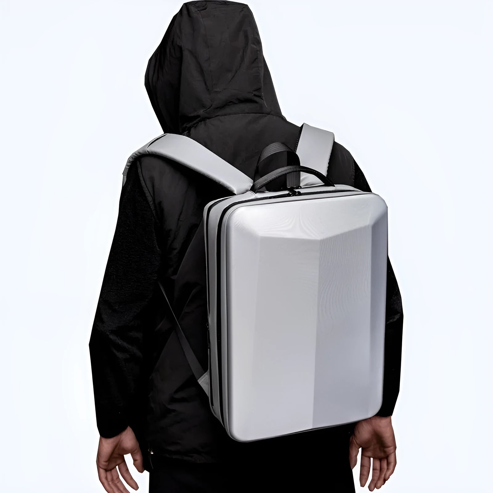Men's waterproof business backpack in black with curved shoulder straps and splicing detail