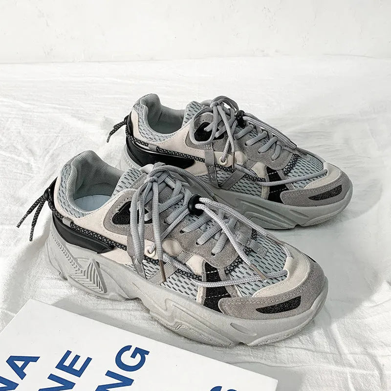 Men's white Korean-style platform dad shoes with lace-up front and mesh lining for height increase