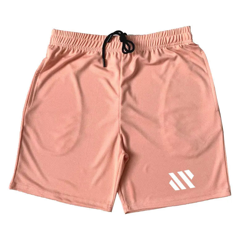 Loose-fit metal silk sports shorts for running in various colours on a size chart.