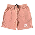 Loose-fit metal silk sports shorts for running in various colours on a size chart.