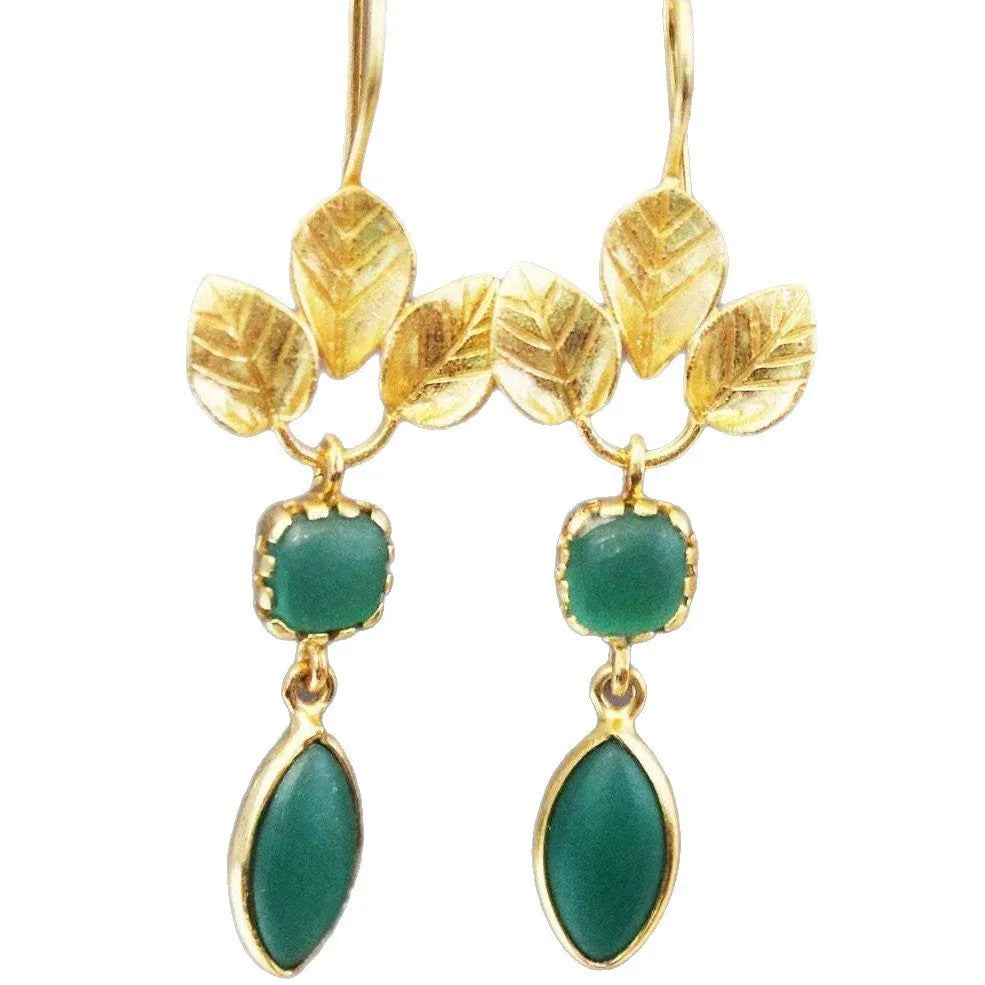 Gold tone French leaves tassel drop earrings with water drop zircon pendants and retro vintage style