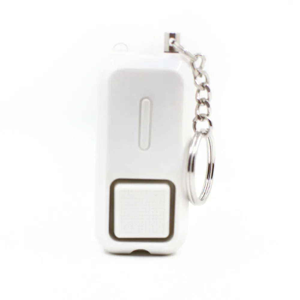 Pink personal safety alarm device measuring 65x30mm with keychain attachment