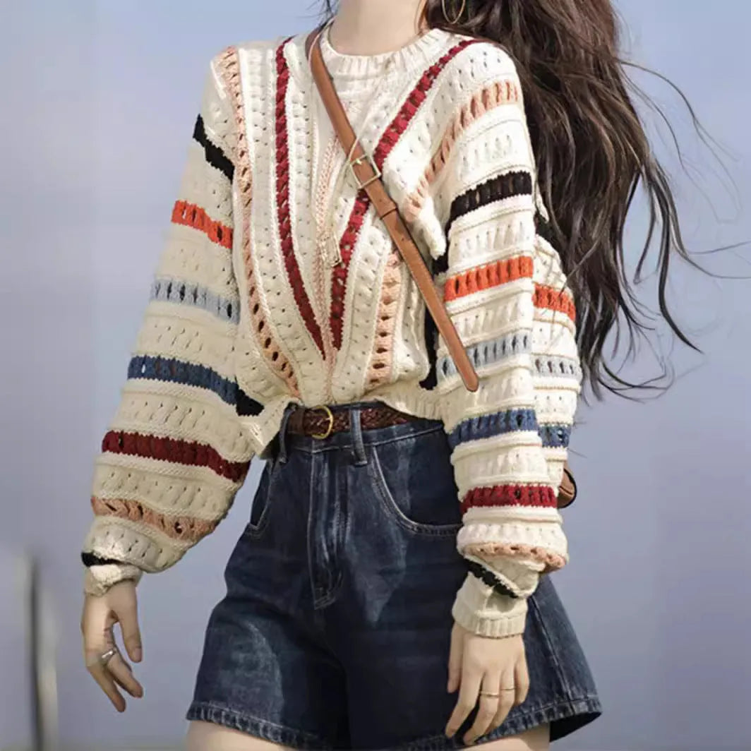 Rainbow striped hollow knit sweater with batwing sleeves in Japanese-Korean casual style