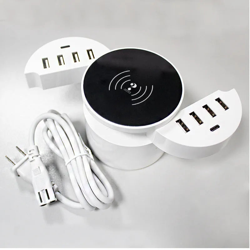 Smart phone multi-port wireless circular charger in ceramic white with LED indicator and USB interface