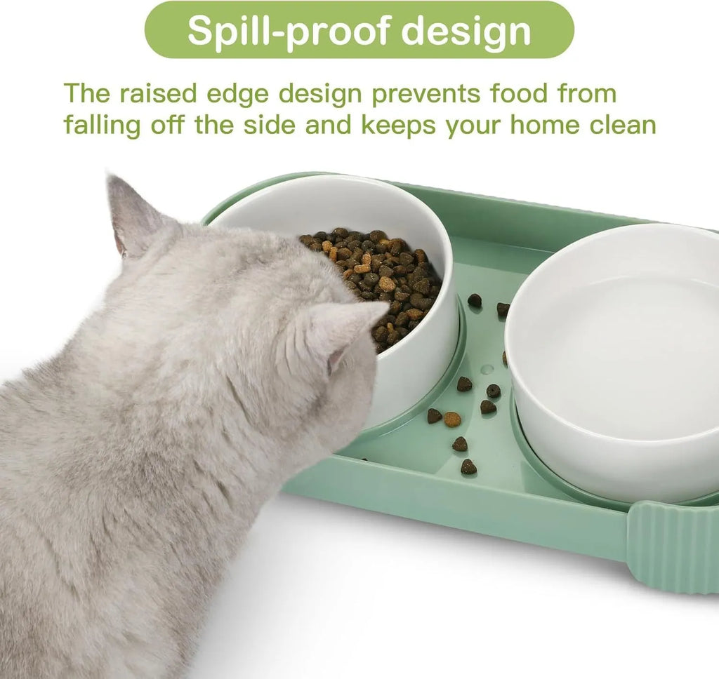Green ceramic elevated cat bowl set with two bowls on a tilted stand for food and water.