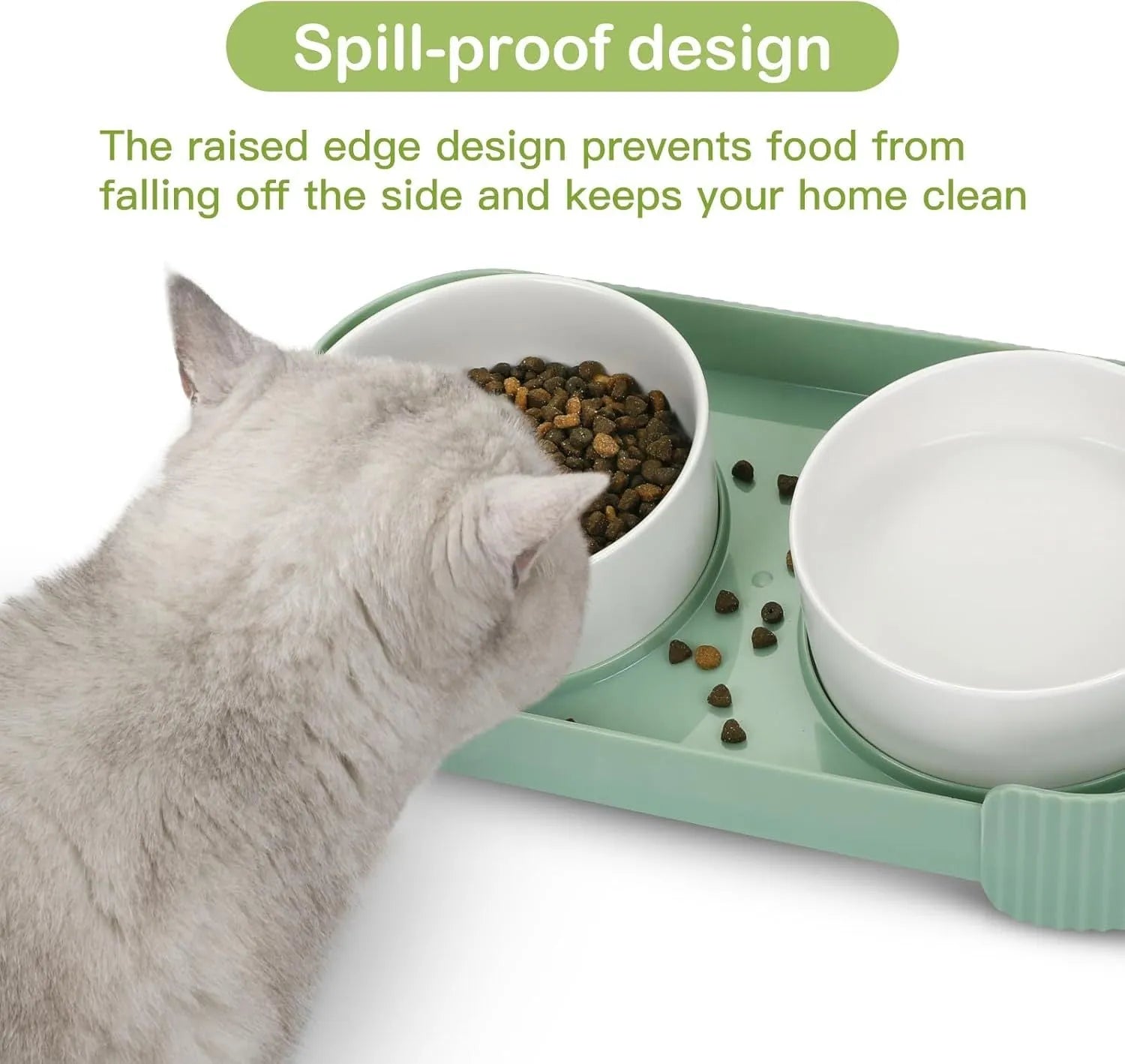 Green ceramic elevated cat bowl set with two bowls on a tilted stand for food and water.