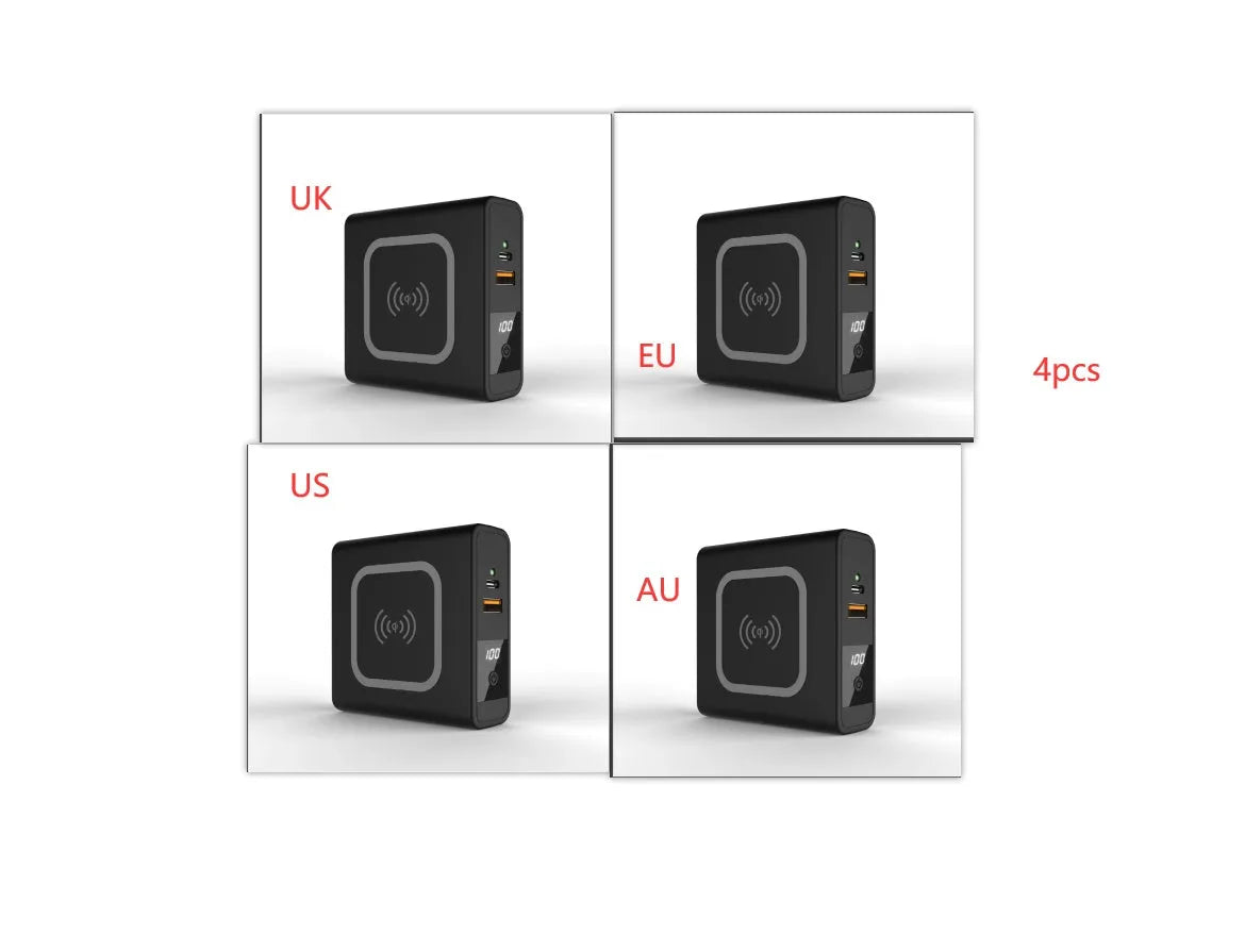 Black and white 10000mAh power bank with wireless charging surface and foldable plug