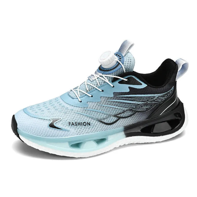 Youth low-top sneaker with shock absorption and rotating button in black, light blue, or white and blue colours