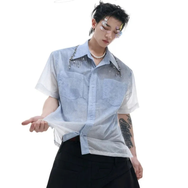 Blue and white gradient short sleeve polyester shirt with loose summer fit