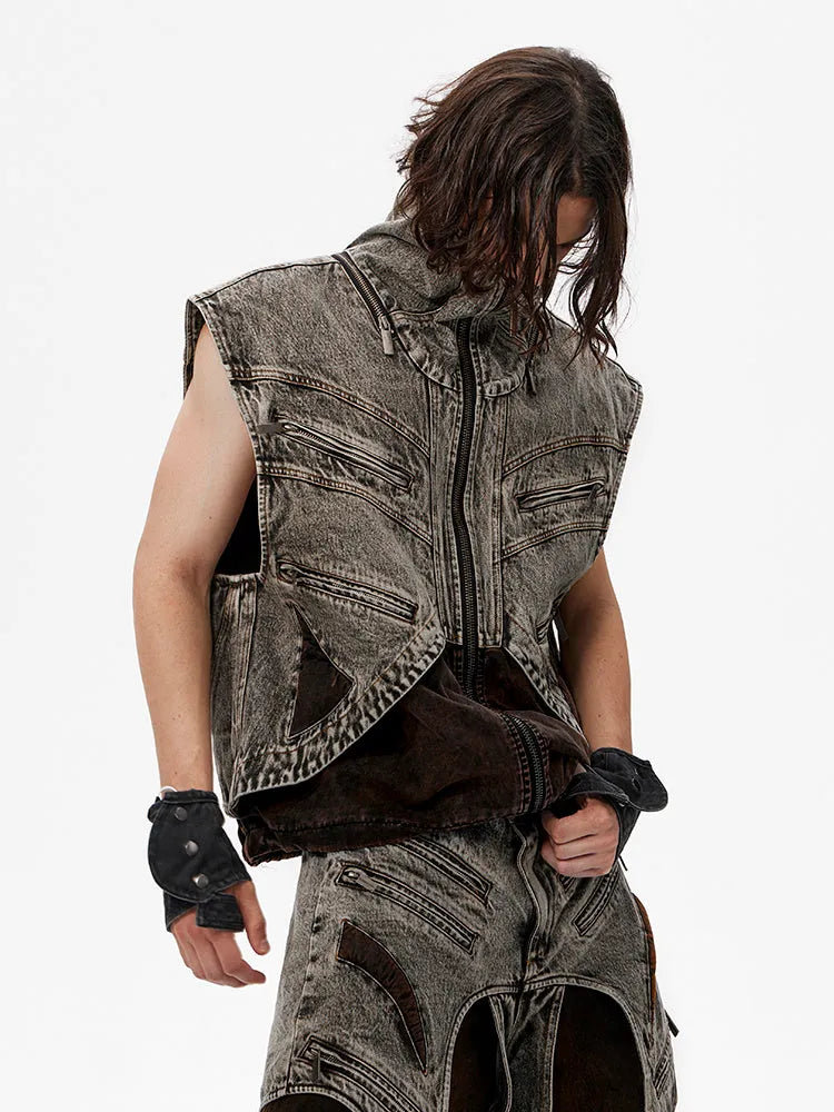 Men's sleeveless denim vest with front zip and matching trousers