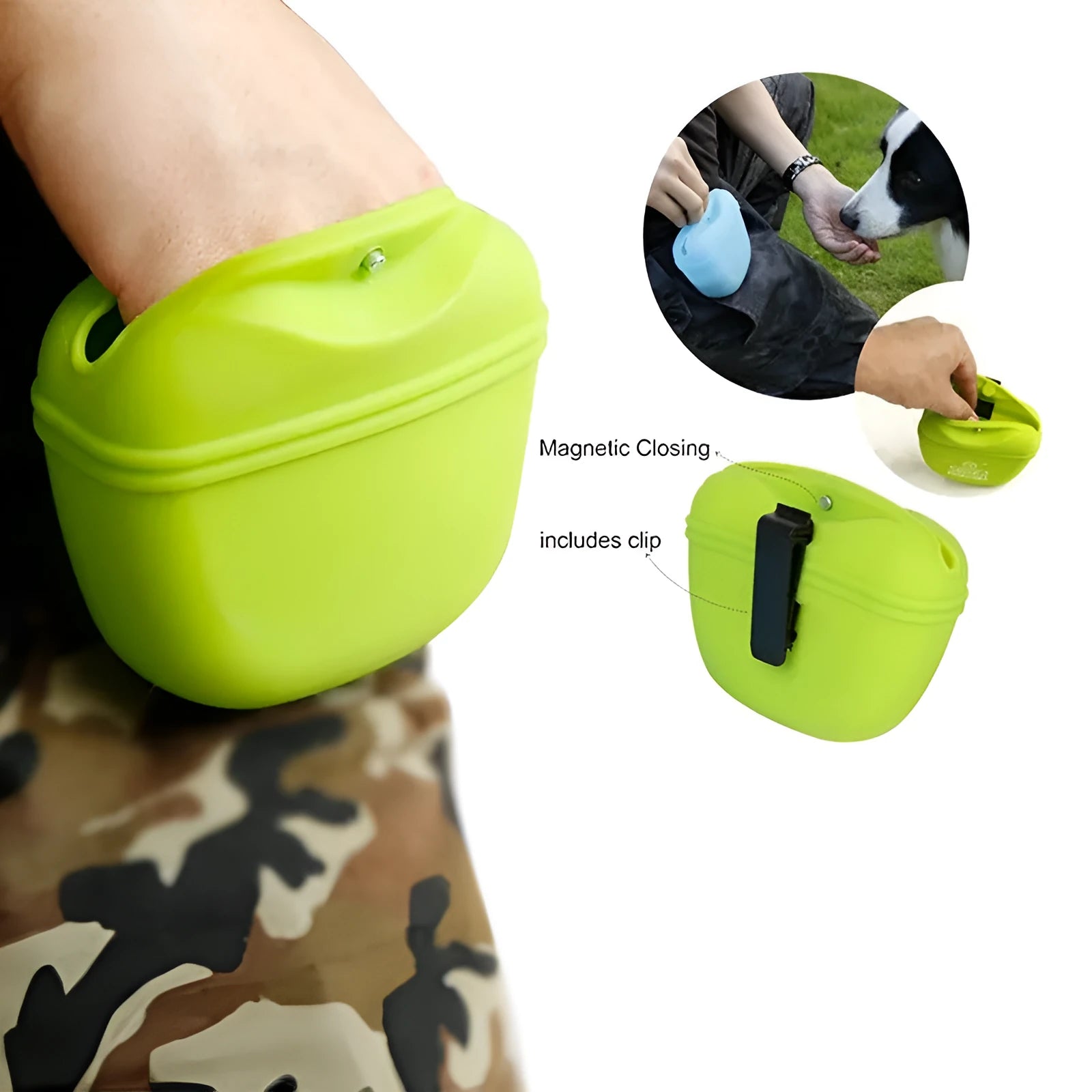 Silicone pet treat bag with clip and magnetic opening for dog training snacks