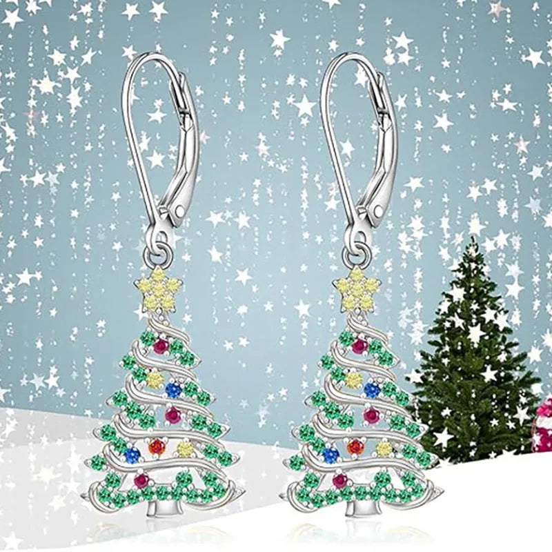 Women's copper Christmas tree earrings with white gold colour plating and star-shaped pendant design