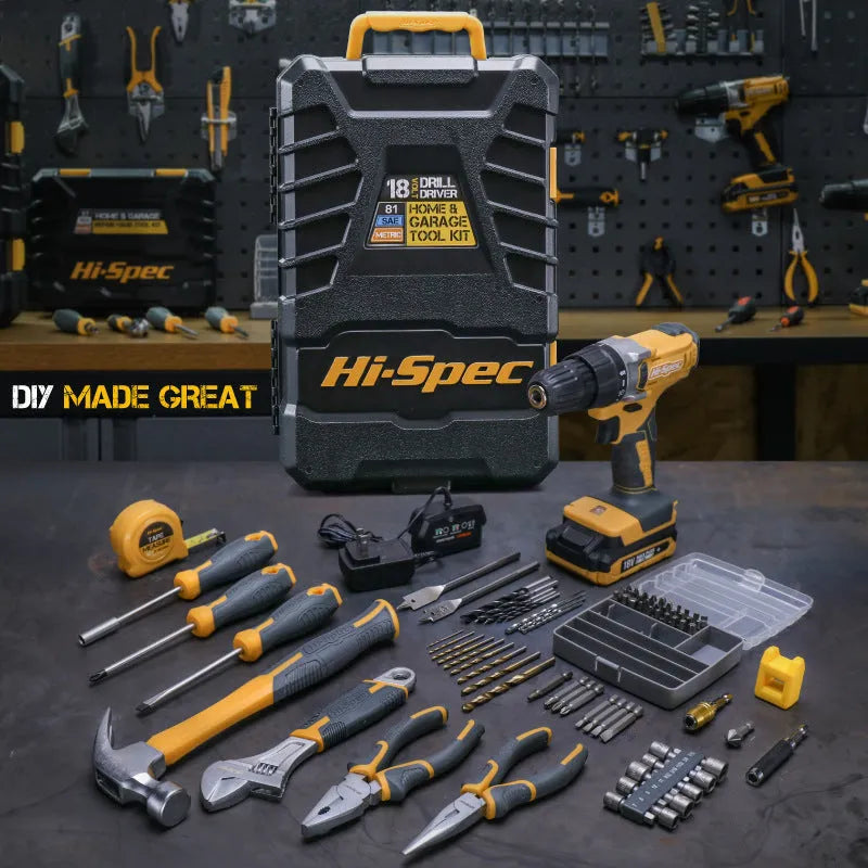 Grey yellow US style tool combo set with 82 chrome-vanadium steel pieces for furniture installation