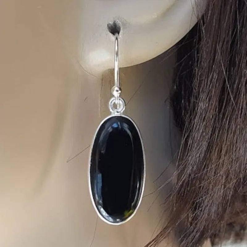Black women's earrings with oval agate pendant on 925 silver geometric setting