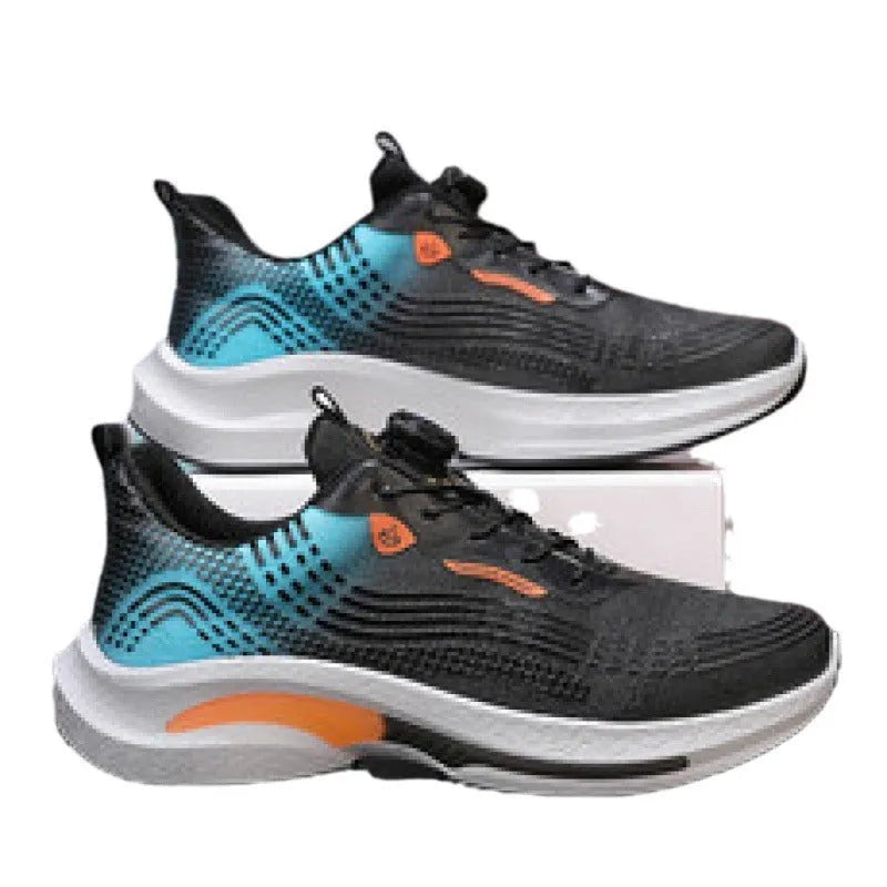 Men's white and blue sneakers with mesh lining and a rotating buckle closure on a rubber sole.