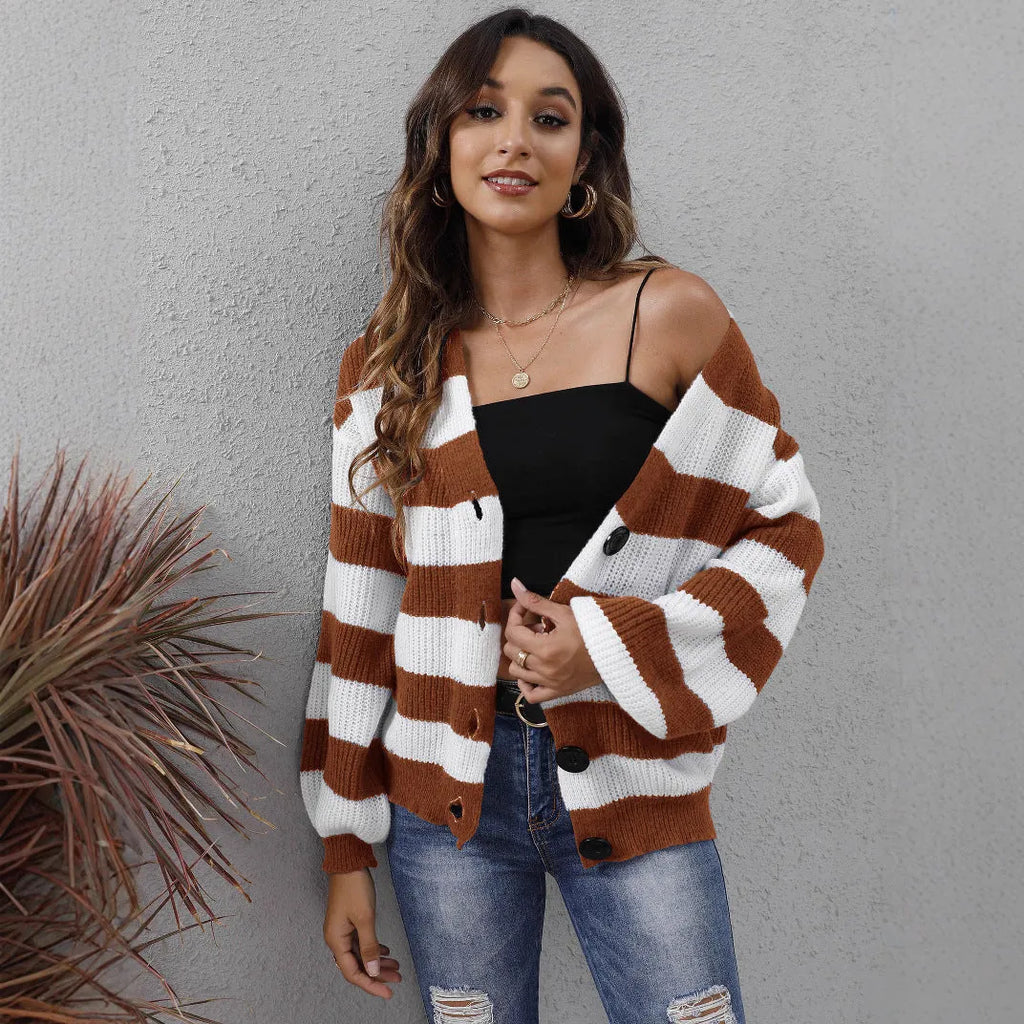 Women's striped Deer plush cardigan with button front and regular sleeves in dark green.
