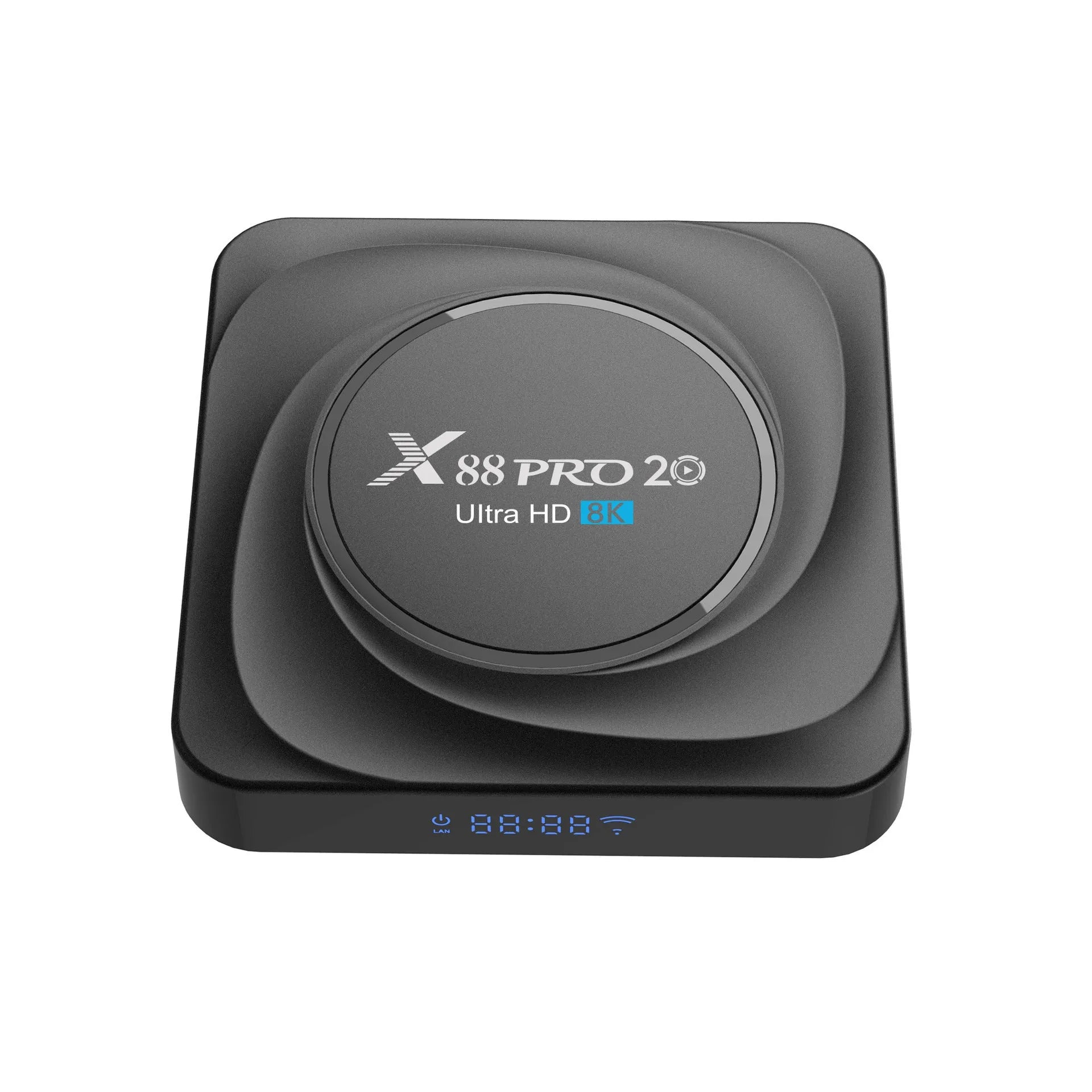 Set-top dual-band WiFi Bluetooth TV box with Android 11.0 and HDMI output, 100x100x1 mm