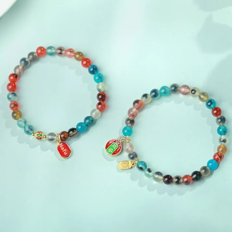 Natural agate bracelet with coloured glaze and copper coin details, women's size, 6mm and 8mm beads, handmade