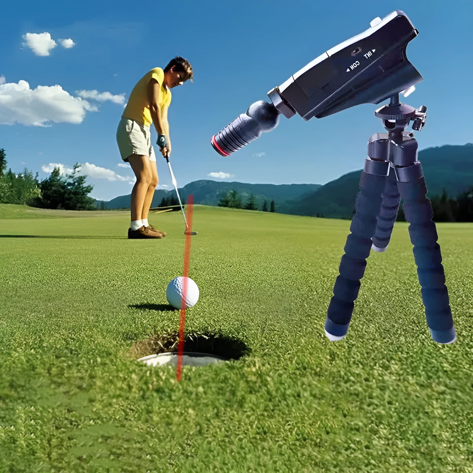 Golf putter laser aiming instrument shown with optional tripod and zipper storage box.