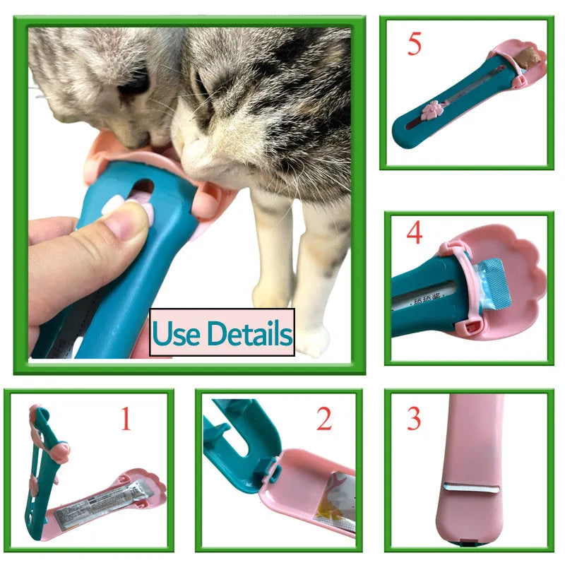 Green and pink pet food squeezer feeder scoop for cats and dogs.