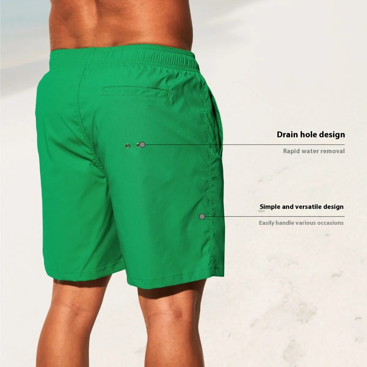 Men's quick-drying nylon beach shorts in blue with straight leg openings.