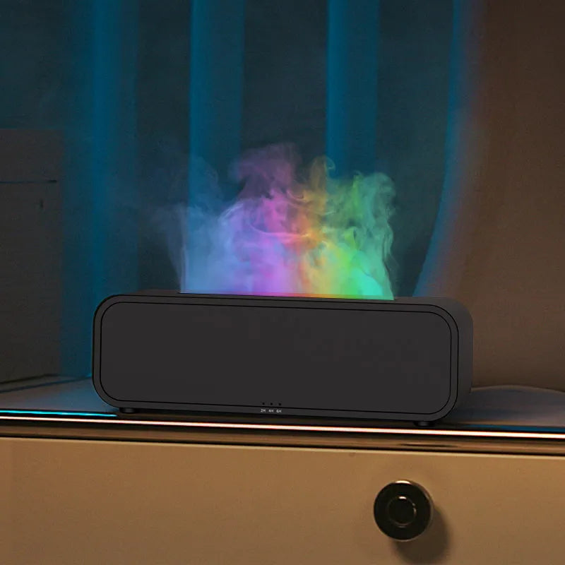Black flame design aroma diffuser with remote control on a wooden table