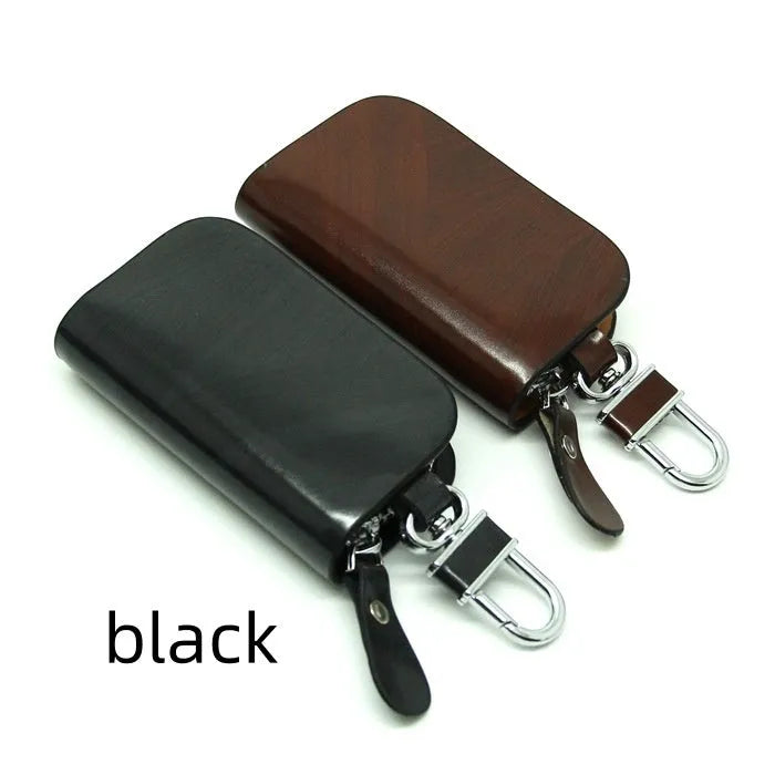 Genuine leather car key case with zipper closure and frosted finish in black or brown
