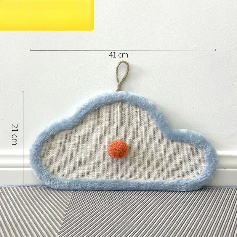 White cat scratching mat with sleeping cat cartoon pattern, natural sisal surface, wall mounted design