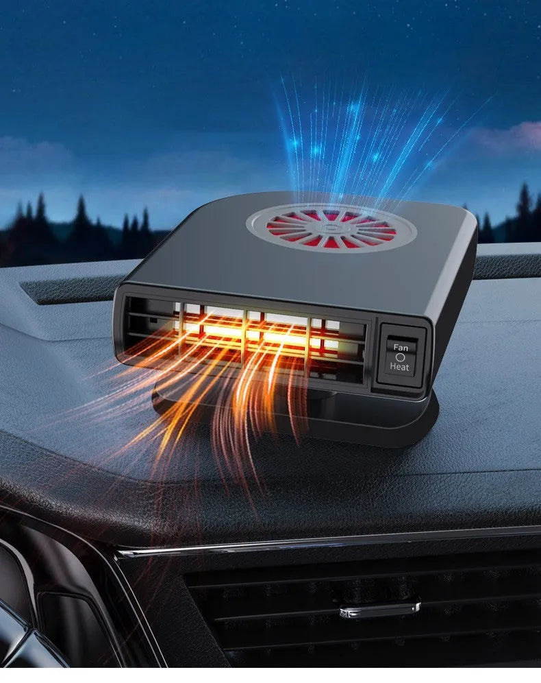 Black vehicle-mounted 12V car heater with adjustable vent for defogging and cabin heating