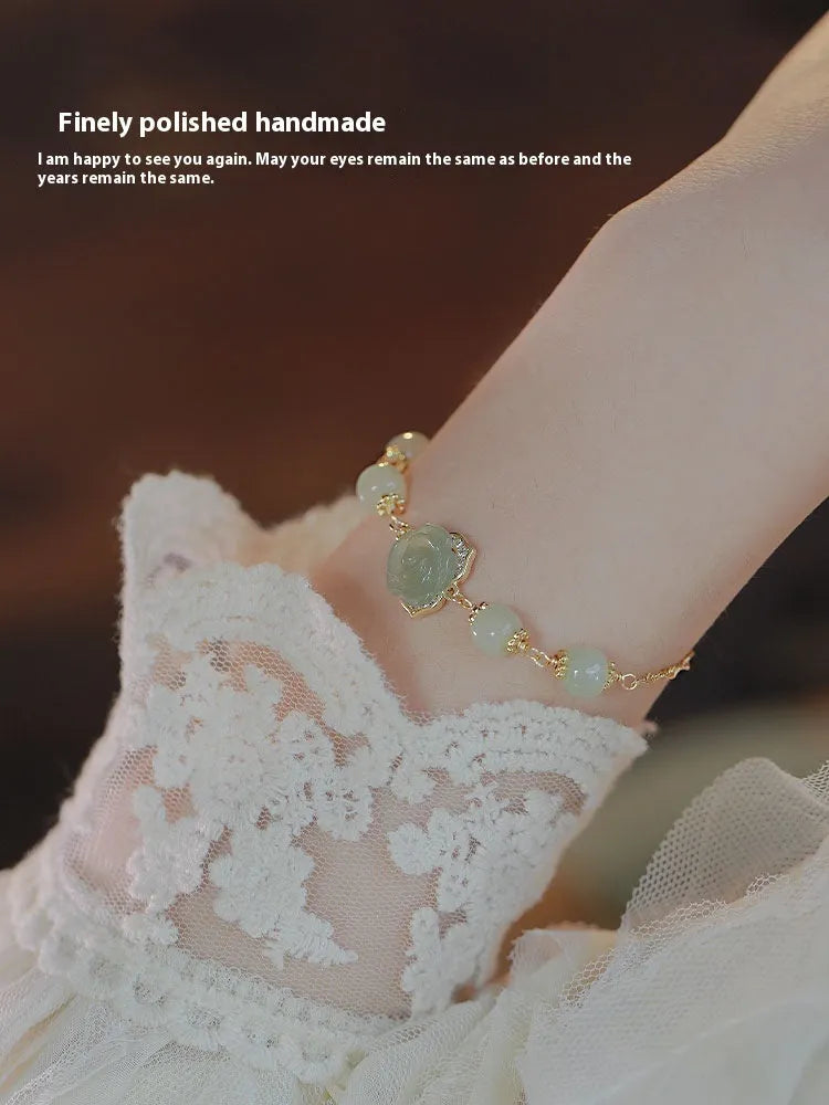Handcrafted Hetian jade rose 14K gilded women's bracelet in flower shape with literature style