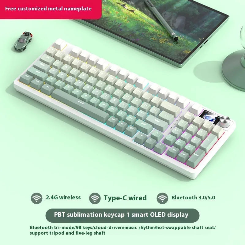 98 key wireless Bluetooth mechanical keyboard with display screen and metal knob