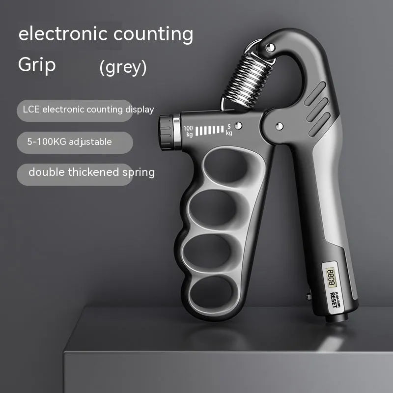 Electronic count spring grip hand exerciser with digital display in orange, red or grey
