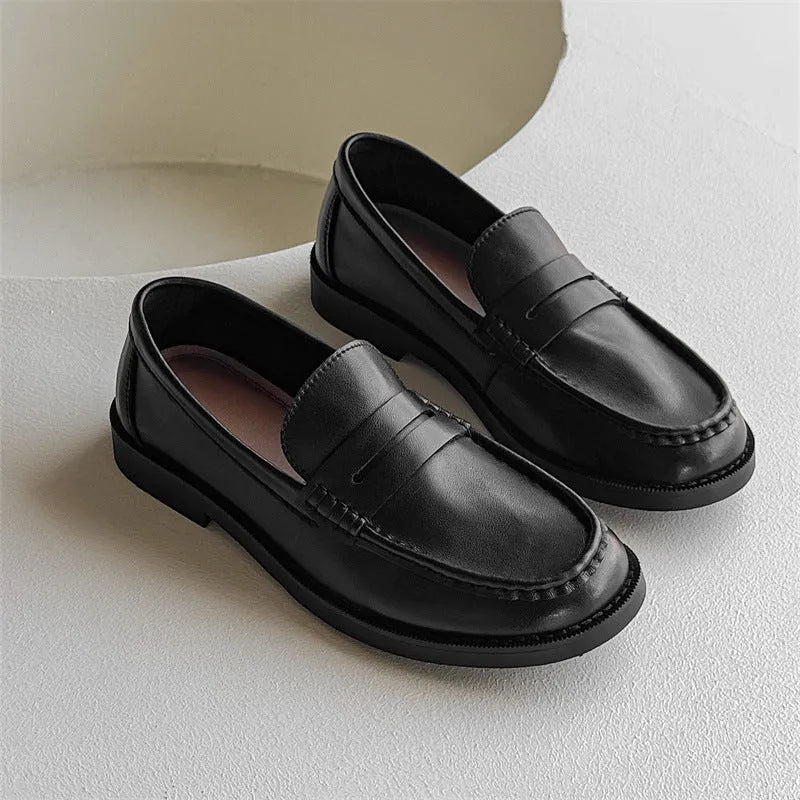 Men's unisex slip-on retro business casual shoes in black, beige, apricot, and brown microfiber with rubber sole