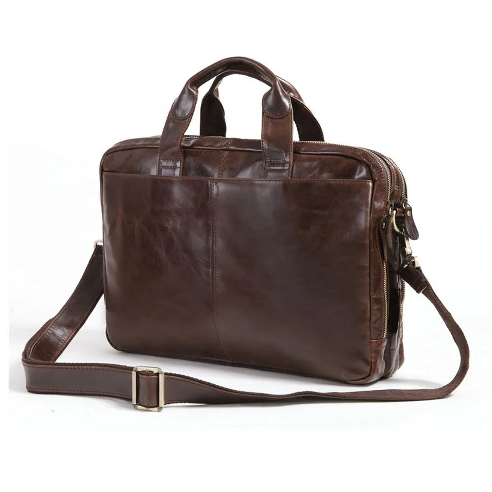 Brown men's business briefcase in first-layer cowhide leather with 18-inch size