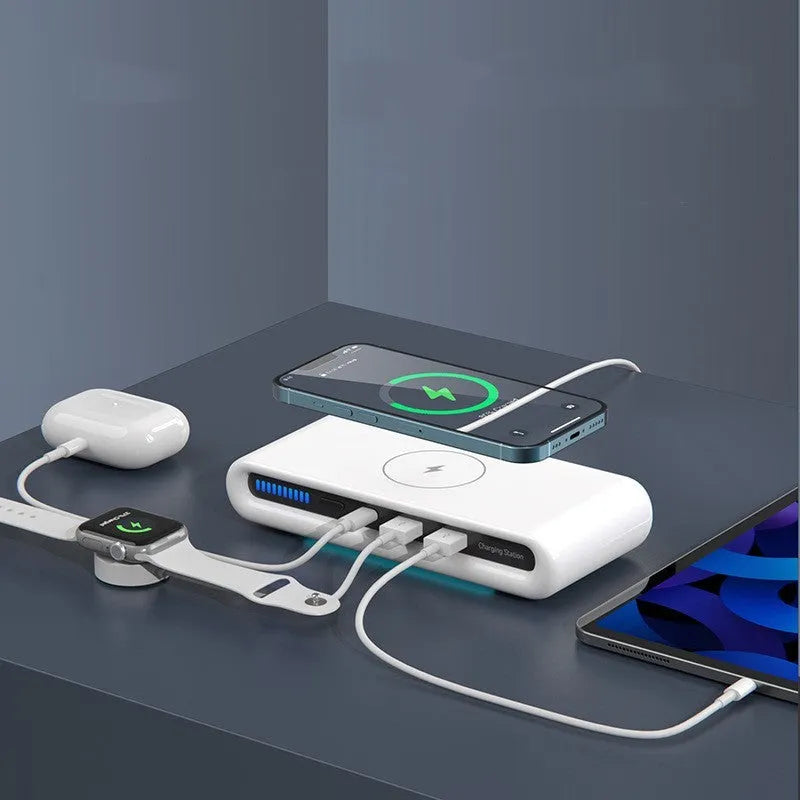 Desktop wireless charger 15W with 8 colour atmosphere lamp in white, LED indicator, measuring 175x83x32 mm