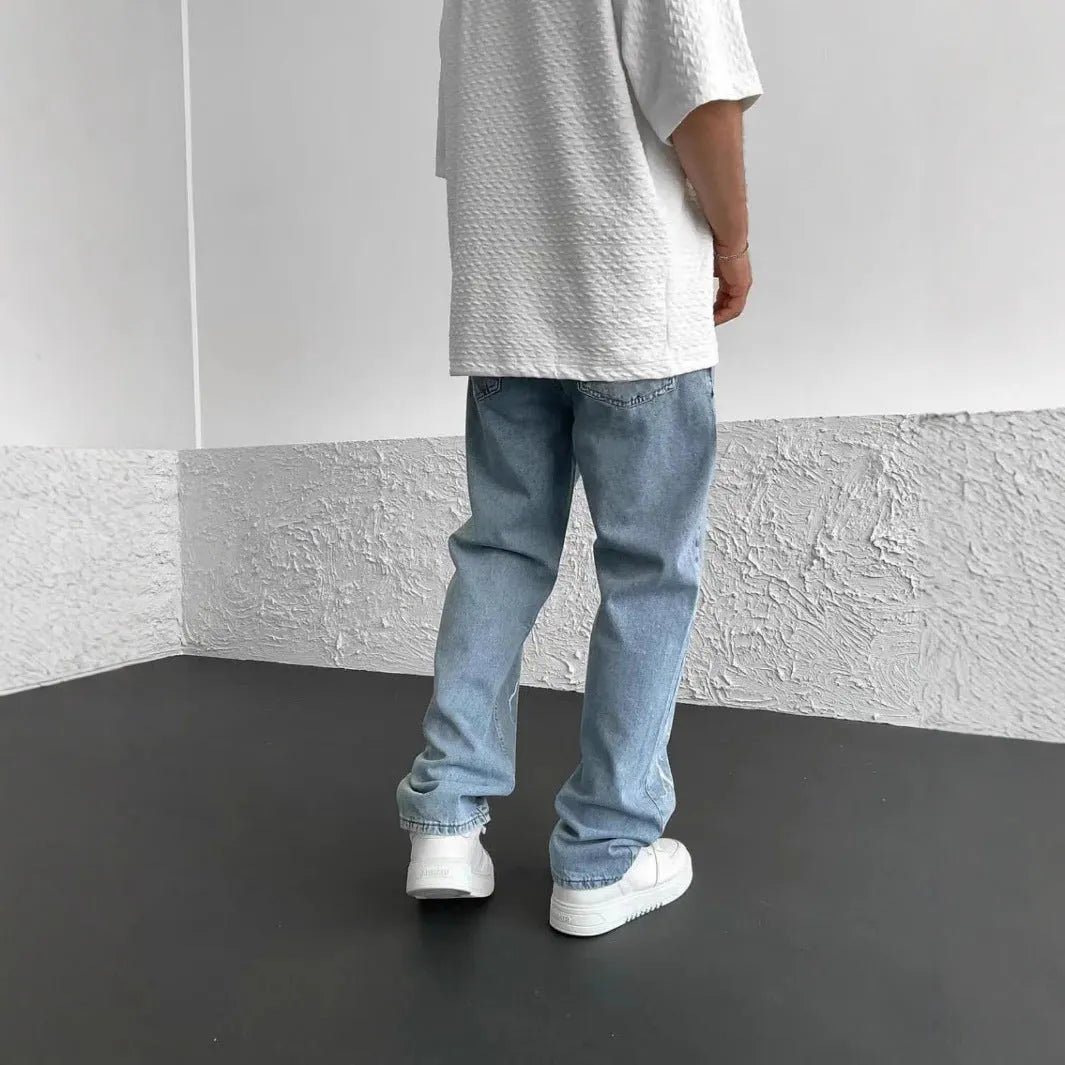 Men's blue straight-leg loose wide leg cotton denim trousers mid waist zip fly for teenagers