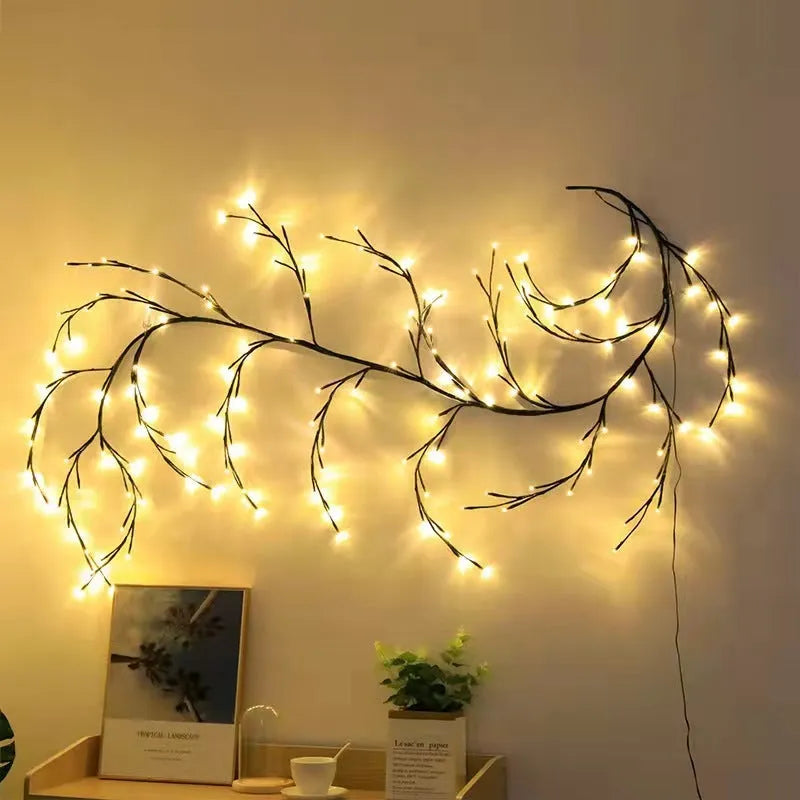 Flexible LED willow vine garland with 144 warm white lights and birch bark texture