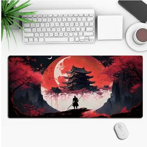 Large custom anime print gaming mouse pad on a desk with keyboard and mouse