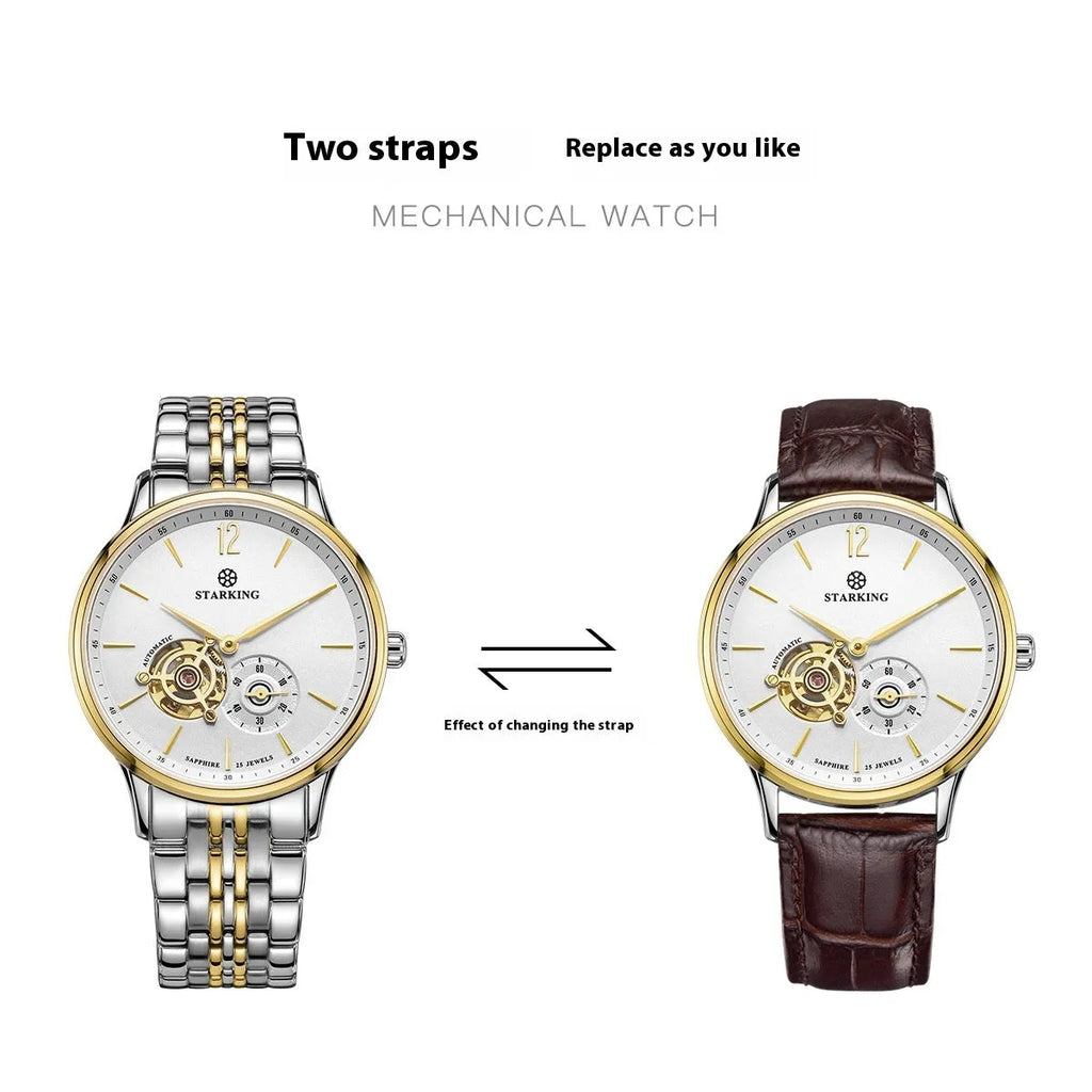Automatic mechanical men's business watch with hollow dial on brown leather strap