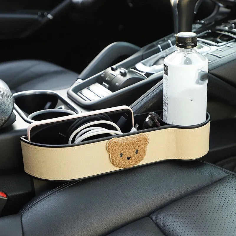 Leather car seat gap storage box with cartoon bear design options for vehicle organisation
