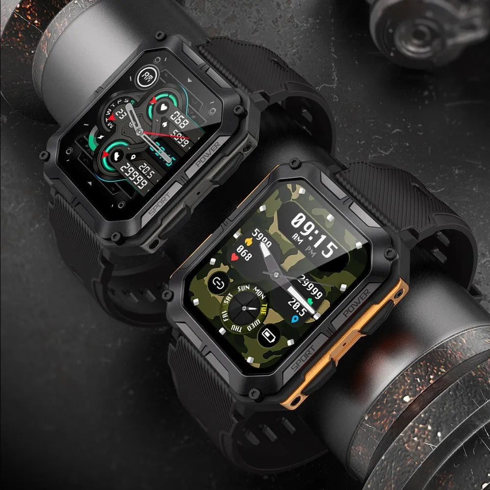 Square aluminium alloy smart watch with black silicone strap on wrist, showing touch and key interface, for Bluetooth call outdoor use