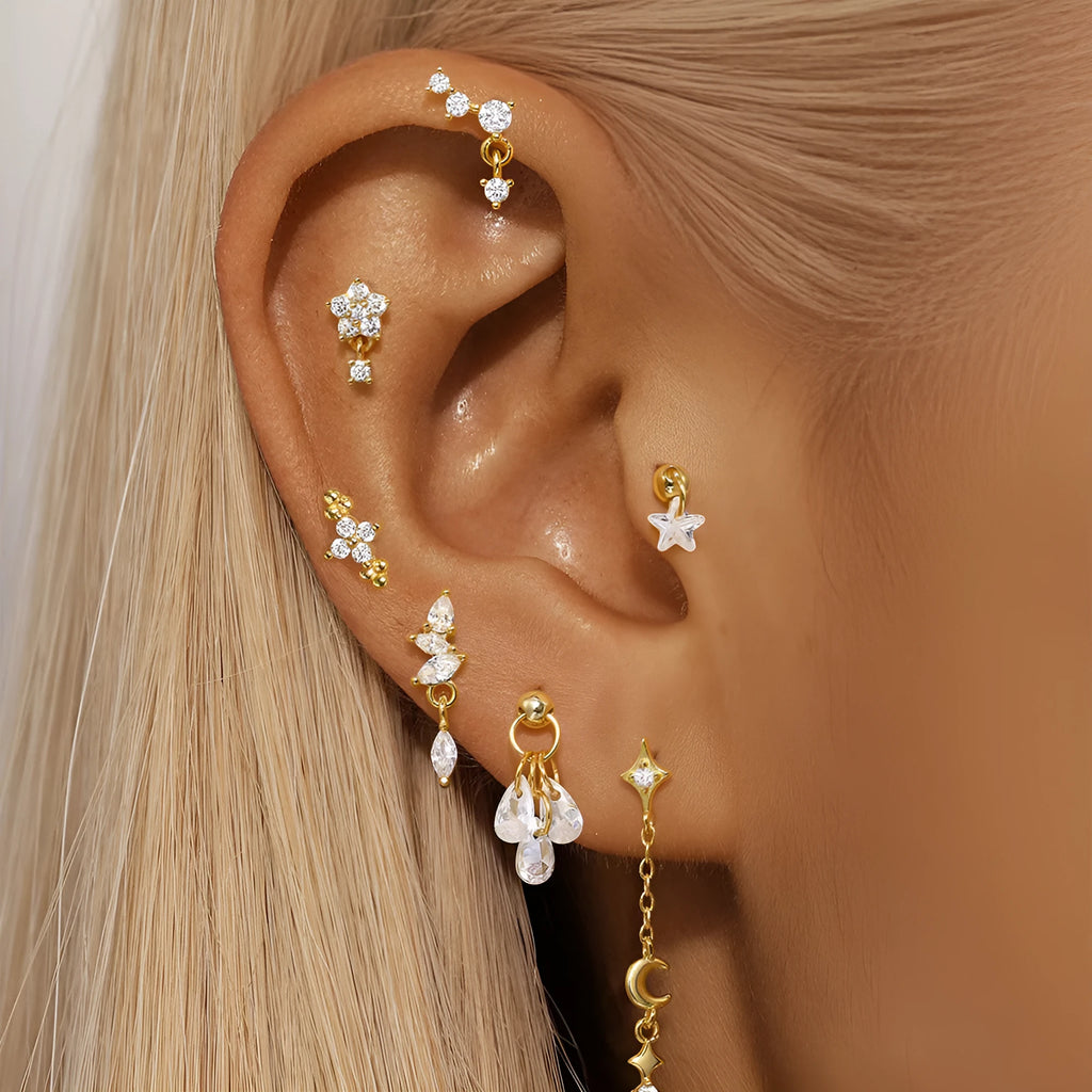 S925 sterling silver moon and star geometric earrings in a gold colour finish, unisex piercing jewellery.