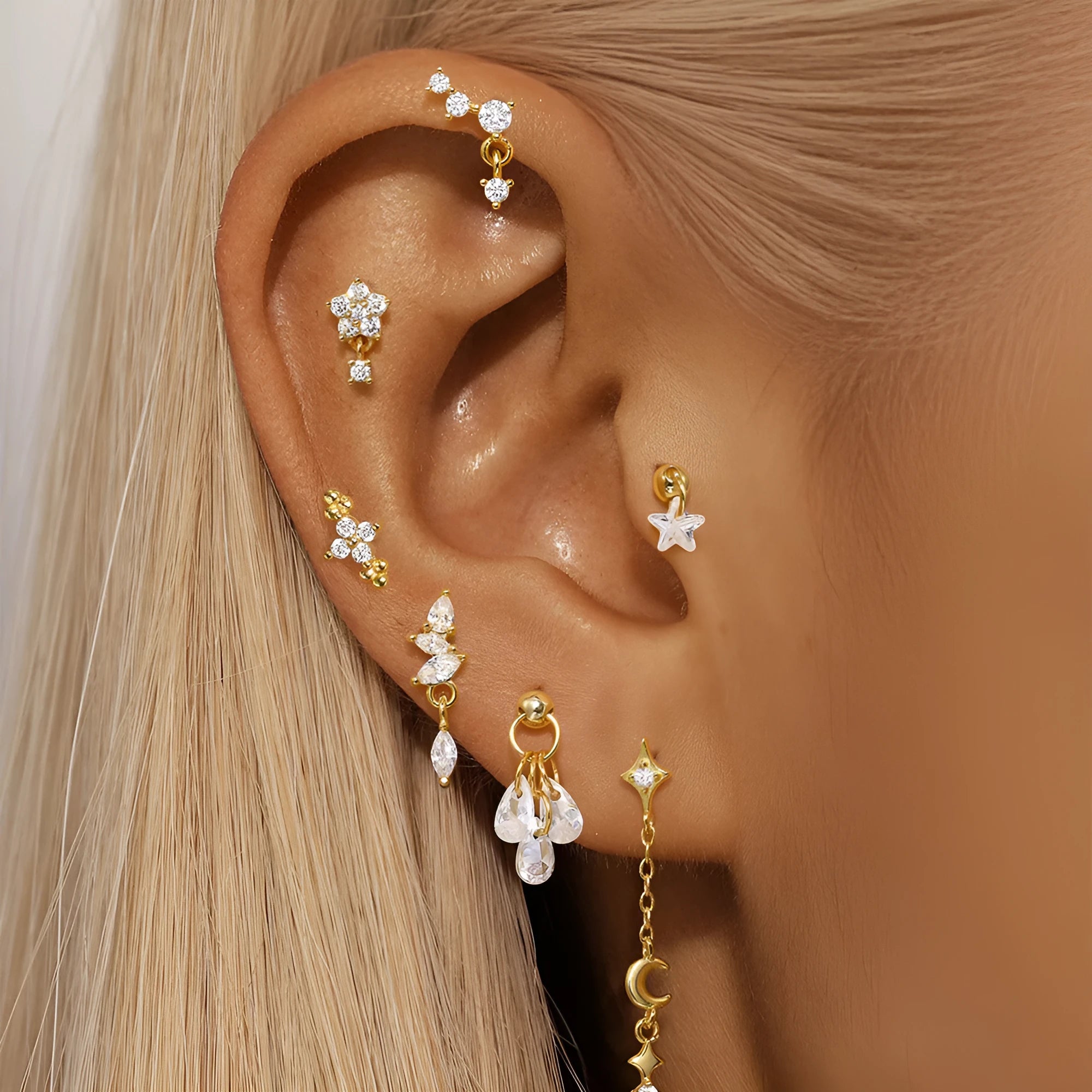 S925 sterling silver moon and star geometric earrings in a gold colour finish, unisex piercing jewellery.