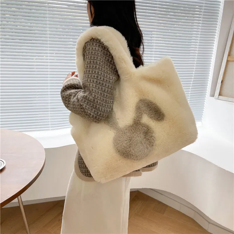 Plush shoulder bag with cartoon rabbit ears design in solid colour with large capacity