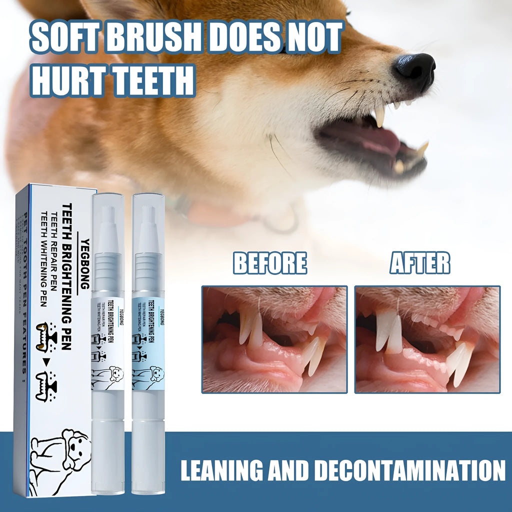 Pet teeth whitening pen kit with two 3ml pens and two dental brushes for dog and cat tartar care.