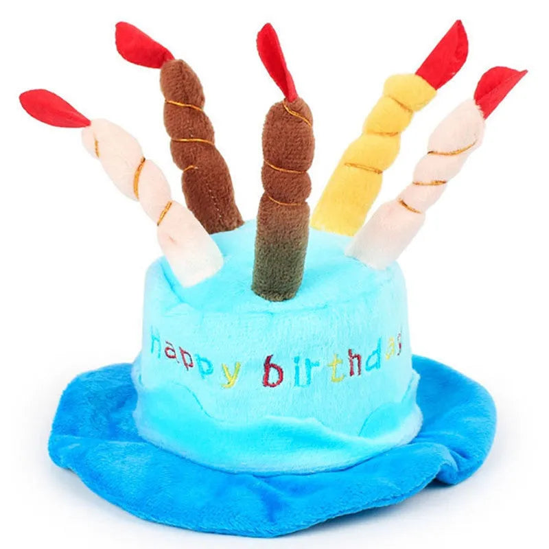 Blue felt dog birthday hat with elastic band shown on small dog for size reference
