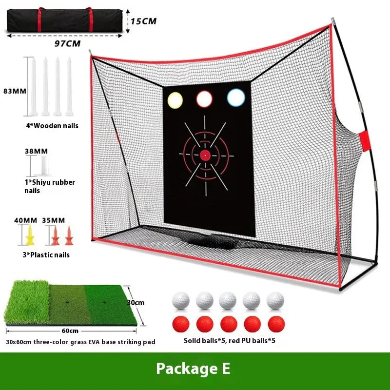 Golf swing wedge training net with 3-hole cross net and straw mat practice area