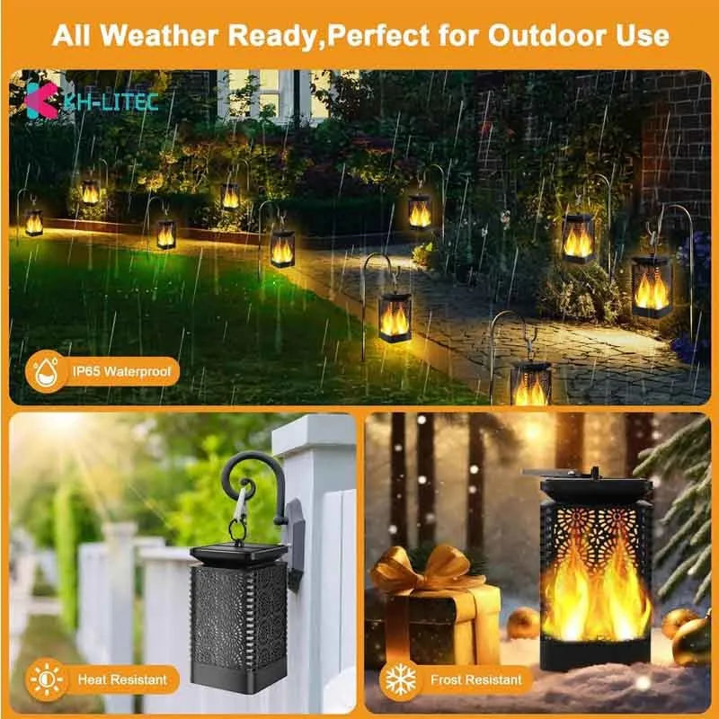Set of four black solar-powered garden lanterns with flickering flame LED effect