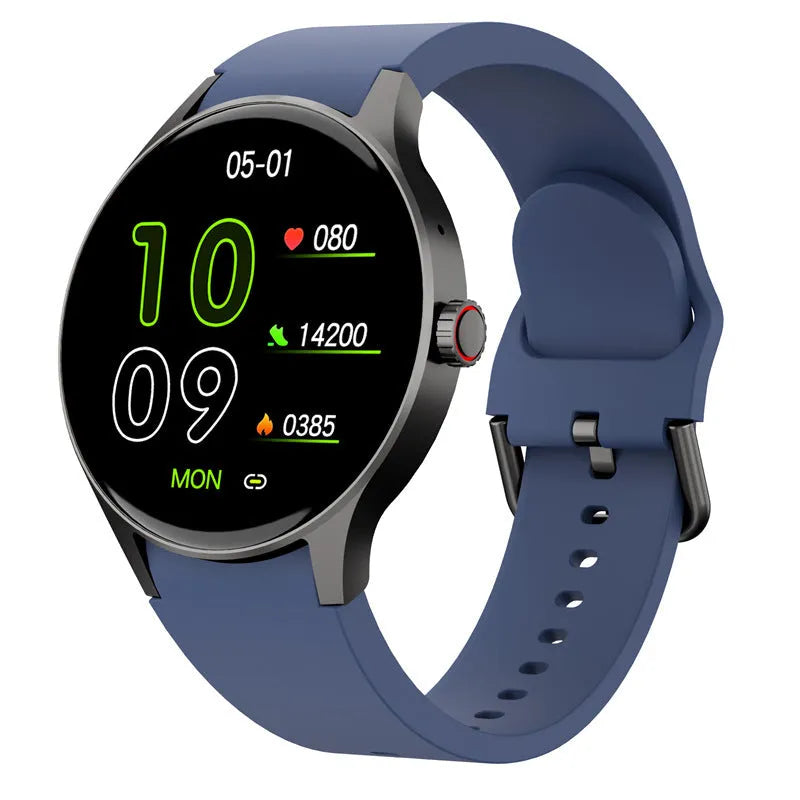 46mm smart sport watch with round colour touch screen shown in black, blue, pink, or red colours